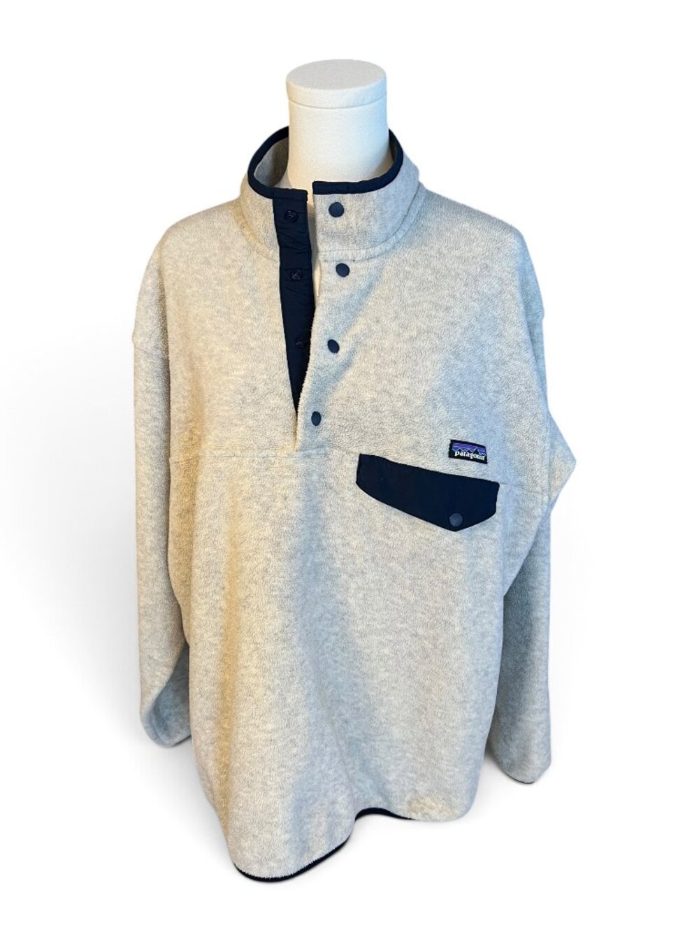 Patagonia Synchilla Snap-T Fleece Pullover Oatmeal Gray Navy | Size L